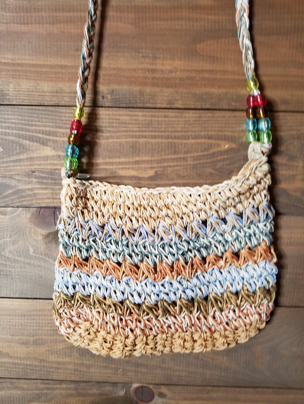 Sun And Sand Straw Beaded Crossbody Tans, Blue, Orange 8x10